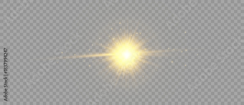 A bright golden burst of light with rays and sparkling particles on a transparent background. A sun flare effect suitable for design, photomontages, holiday, and lighting projects.