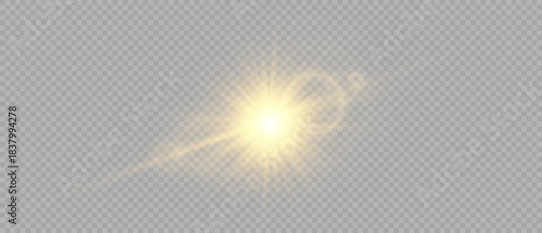 A bright golden flash of light with soft highlights, a halo, and a long trail of light on a transparent background. A UV effect for design, photomontage, and art projects.