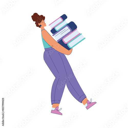 Woman Student Character Carry Pile of Books Engaged in Education and Study Vector Illustration