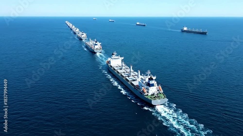 Majestic cargo ships form a long line across the vast blue ocean, a stunning aerial representation of global trade routes and efficient maritime transport operations