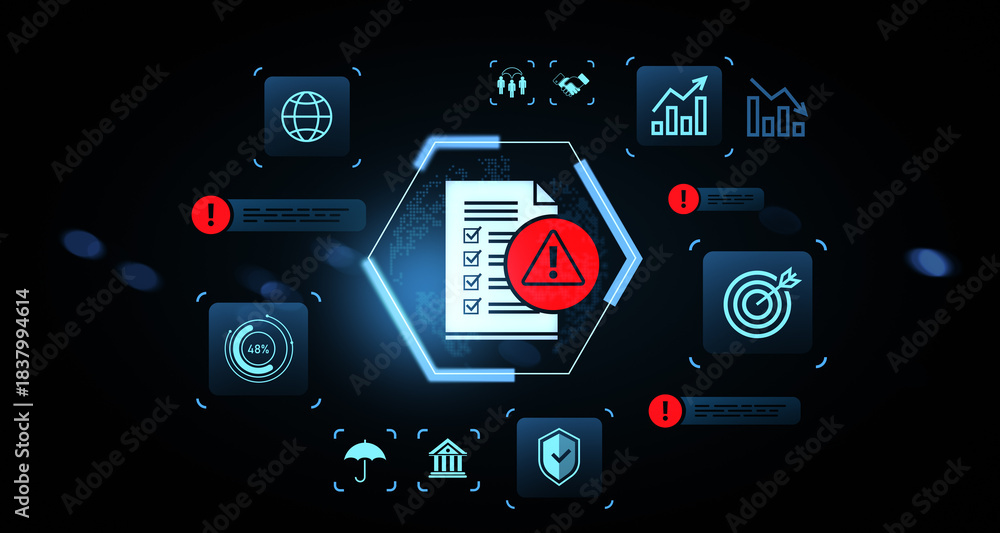 Obraz premium Cybersecurity risk alert concept with digital checklist and warning icons on futuristic interface blur background. 3D Rendering