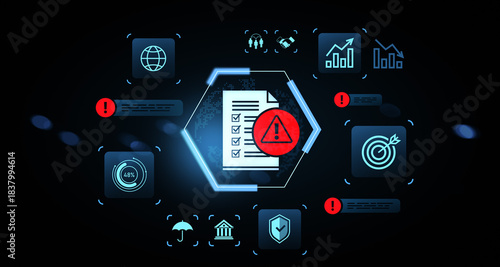 Cybersecurity risk alert concept with digital checklist and warning icons on futuristic interface blur background. 3D Rendering