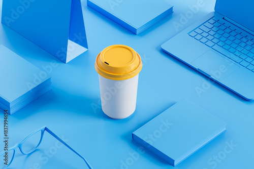 Creative coffee cup mockup with yellow lid surrounded by blue office items on monochrome blue background for modern branding concept. 3D Rendering