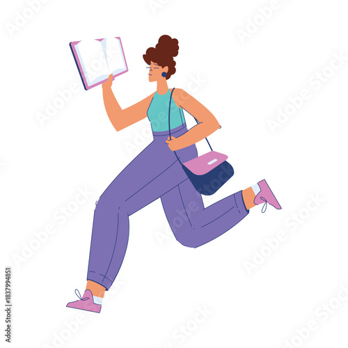 Woman Student Character Run with Book Engaged in Education and Study Vector Illustration