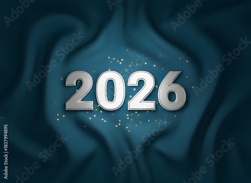 Elegant 2026 New Year celebration background with silver numbers and golden stars on teal silk fabric.