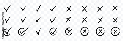 Check tick mark icon set. Cross box x check mark checkbox v list vector draw hand drawn sketch doodle brush marker checklist symbol wrong right circle. Vector Illustration. Cross box x check mark icon