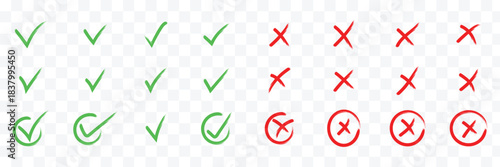 Check tick mark icon set. Cross box x check mark checkbox v list vector draw hand drawn sketch doodle brush marker checklist symbol wrong right circle. Vector Illustration. Cross box x check mark icon