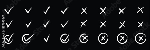Check tick mark icon set Cross box x check mark checkbox v list vector draw hand drawn sketch doodle brush marker checklist symbol wrong right circle Grunge brush stroke checkmarks with tick and cross
