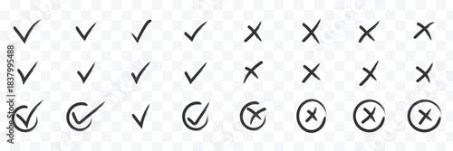 Check tick mark icon set Cross box x check mark checkbox v list vector draw hand drawn sketch doodle brush marker checklist symbol wrong right circle Grunge brush stroke checkmarks with tick and cross