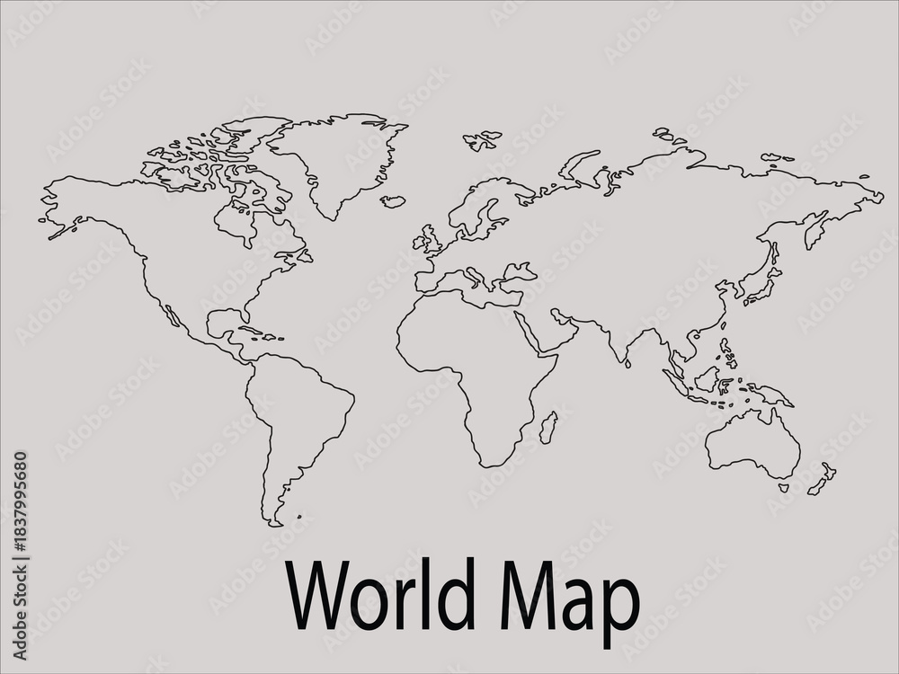 Naklejka premium Minimalist World Map Outline Graphic: Global Travel, Network, and Technology Concept