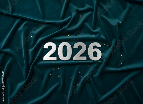 Elegant 2026 New Year celebration background with silver numbers and golden stars on teal silk fabric.