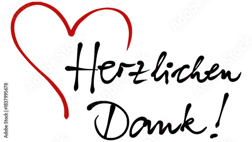 A handwritten herzlichen dank text with a red heart on a white background
