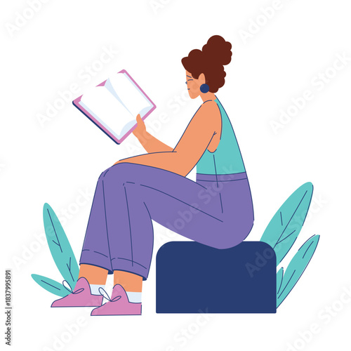 Woman Student Character Sit and Read Book Engaged in Education and Study Vector Illustration