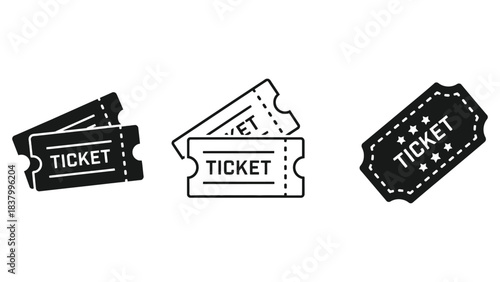 Three ticket illustrations in black and white on a white background