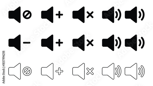 A collection of volume control icons showing mute, increase, and sound