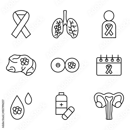 Vector linear black and white icons. World Cancer Day