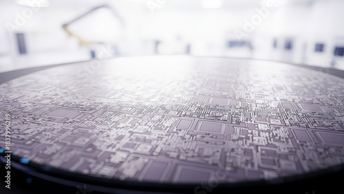 Close up of intricate microchip circuitry in a manufacturing facility