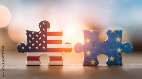 United States flag Europe flag puzzle connection trade partnership economic cooperation financial outlook growth trend 2026 forecast diplomacy transatlantic unity shine with warm hope