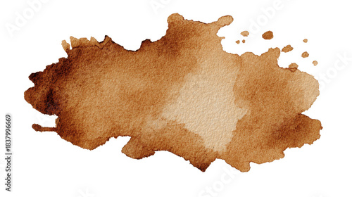 Coffee brown watercolor splash stain creating an abstract liquid texture, hand drawn paint droplet or ink splotch with rough paper surface detail on transparent background