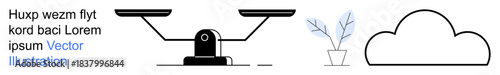 Justice, comparison, environmental balance, cloud computing, minimalism, abstract design. Modern scale, potted plant and a cloud outline. Justice and comparison concept rendered in minimal style