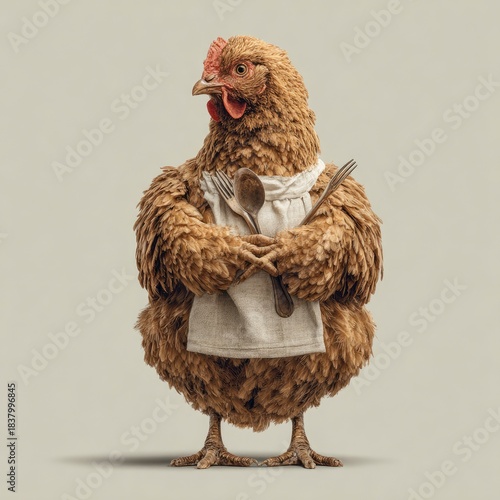 Chicken in Apron with Cutlery Ready for Cooking in Kitchen