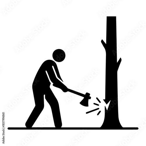 Simple black and white vector icon of a man chopping down a tree with an axe. Represents deforestation, logging, and wood cutting work. Perfect for forestry, environment, and warning designs.