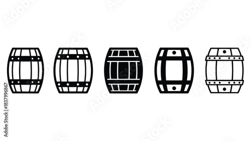 Five barrel icons in black and white showing different barrel styles