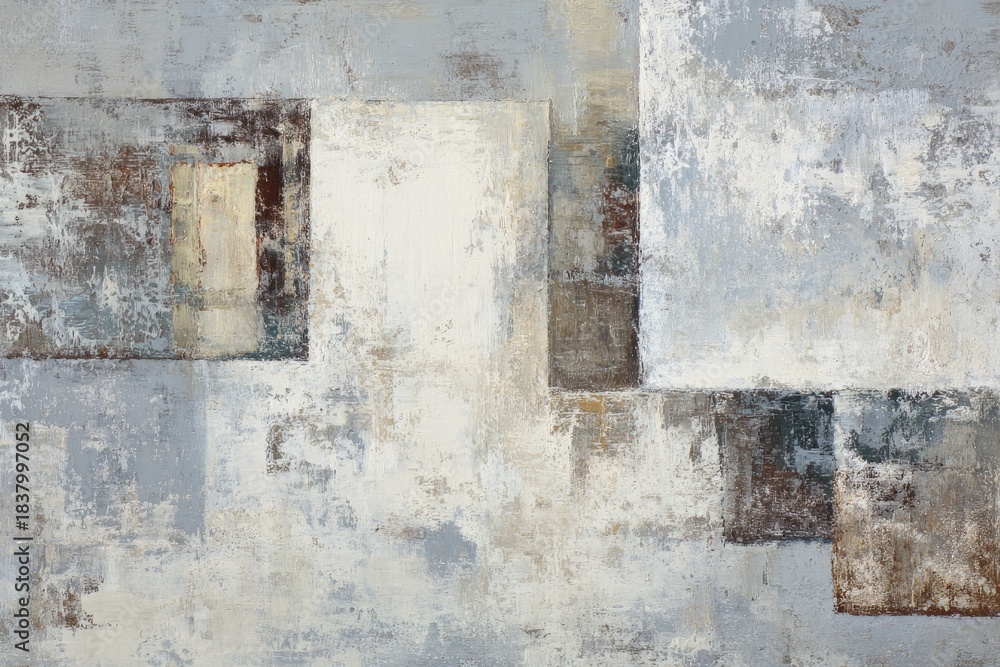 Naklejka premium Abstract composition featuring rectangular and square shapes, subdued colors, and textured brushstrokes