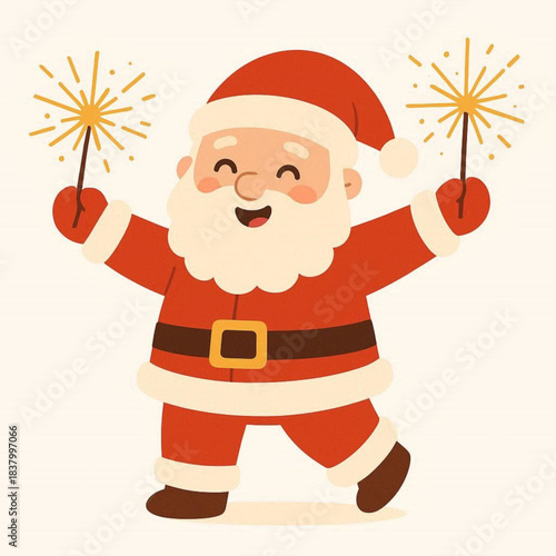 Cheerful Santa Claus holding sparklers and celebrating New Year, Christmas  