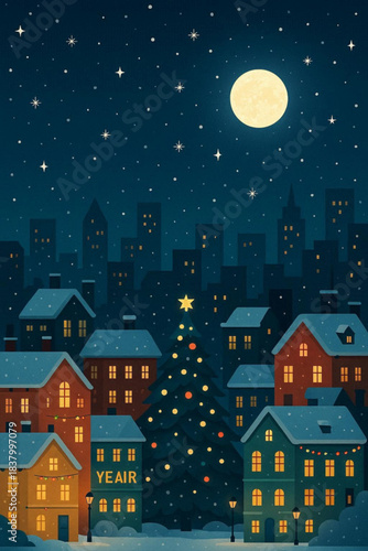 Cozy winter town decorated for Christmas and New Year at night  