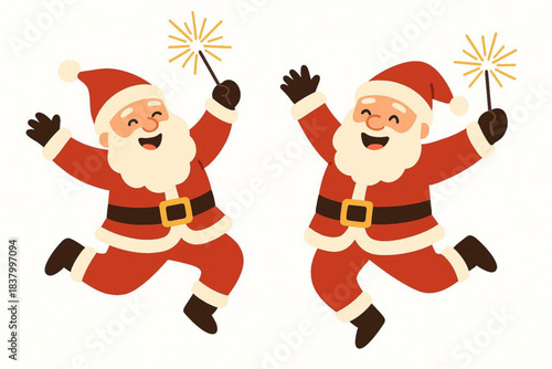 Two cheerful Santa Clauses celebrating with sparklers for New Year, Christmas  