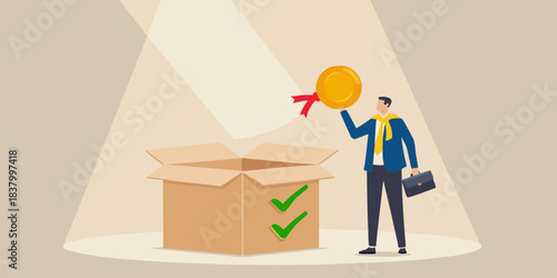A businessman places a golden coin into an open cardboard box with checks