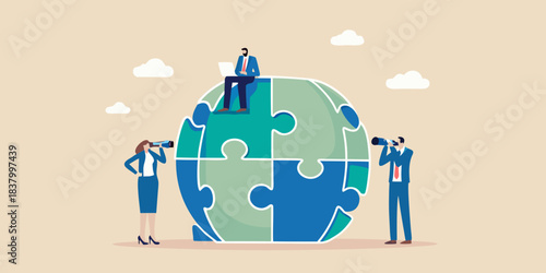 Business professionals collaborating on a global puzzle representing worldwide strategy