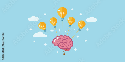 Creative ideas blossoming from the mind light bulbs as balloons