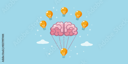 A brain shaped like a hot air balloon powered by glowing light bulbs