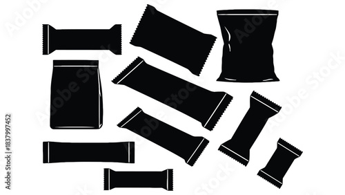 Silhouette illustration of various snack and food packaging on white