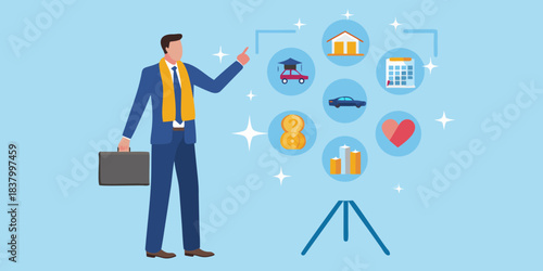 Financial planning concept with a man pointing to various life goals