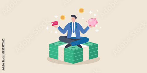 Man balancing money cards and a piggy bank on stacks of cash