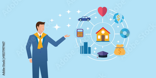 Financial planning a man managing icons of wealth and life goals