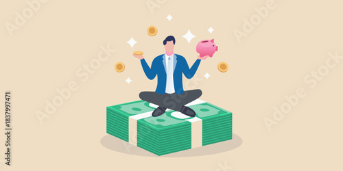 Man balancing on money with a piggy bank and coins above