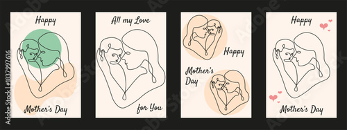 Mother's Day. Vector illustration happy Mothers Day poster cover set with One Line Mother and baby. Editable stroke. EPS 10