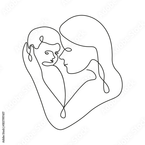 Mother's day. Vector illustration One Line mother and baby on the hand isolated white. One Line mother's day art. EPS 10 Editable stroke