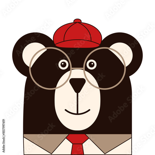 Vector illustration of silly black bear portrait in glasses, cap and tie. Businessman bear character. Perfect child t-shirt print corporate business user icon profile. Editable stroke EPS 10