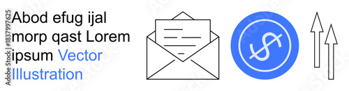 Financial management, business growth, communication, economics, savings, investment. Envelope with letter, dollar symbol and upward arrows. Financial management and business growth