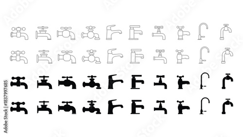 Assorted black and white faucet illustrations in a grid arrangement