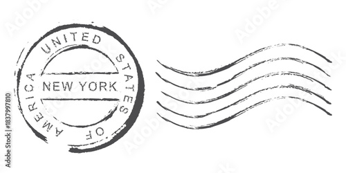 New York mail stamp. Postage stamp United States of America. Rubber postal stamp USA. Vintage illustration in grunge style.