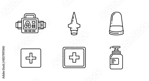 Set of six medical icons including x-ray machine, sharp tool, pill container, cross symbols, and sanitizer