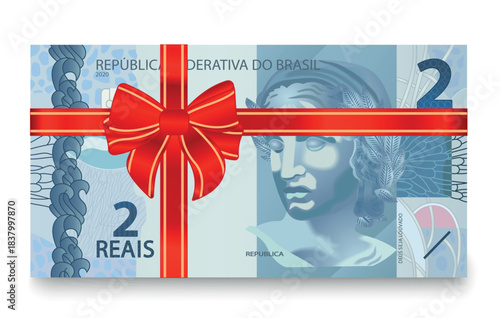 2 reals banknote with red bow, gift concept. Vector illustration.