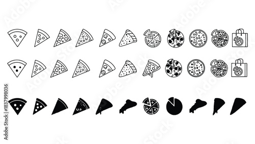 Various pizza slice and whole pizza icons in outline and solid styles