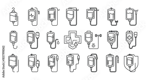 Set of intravenous drip bag and infusion equipment icons